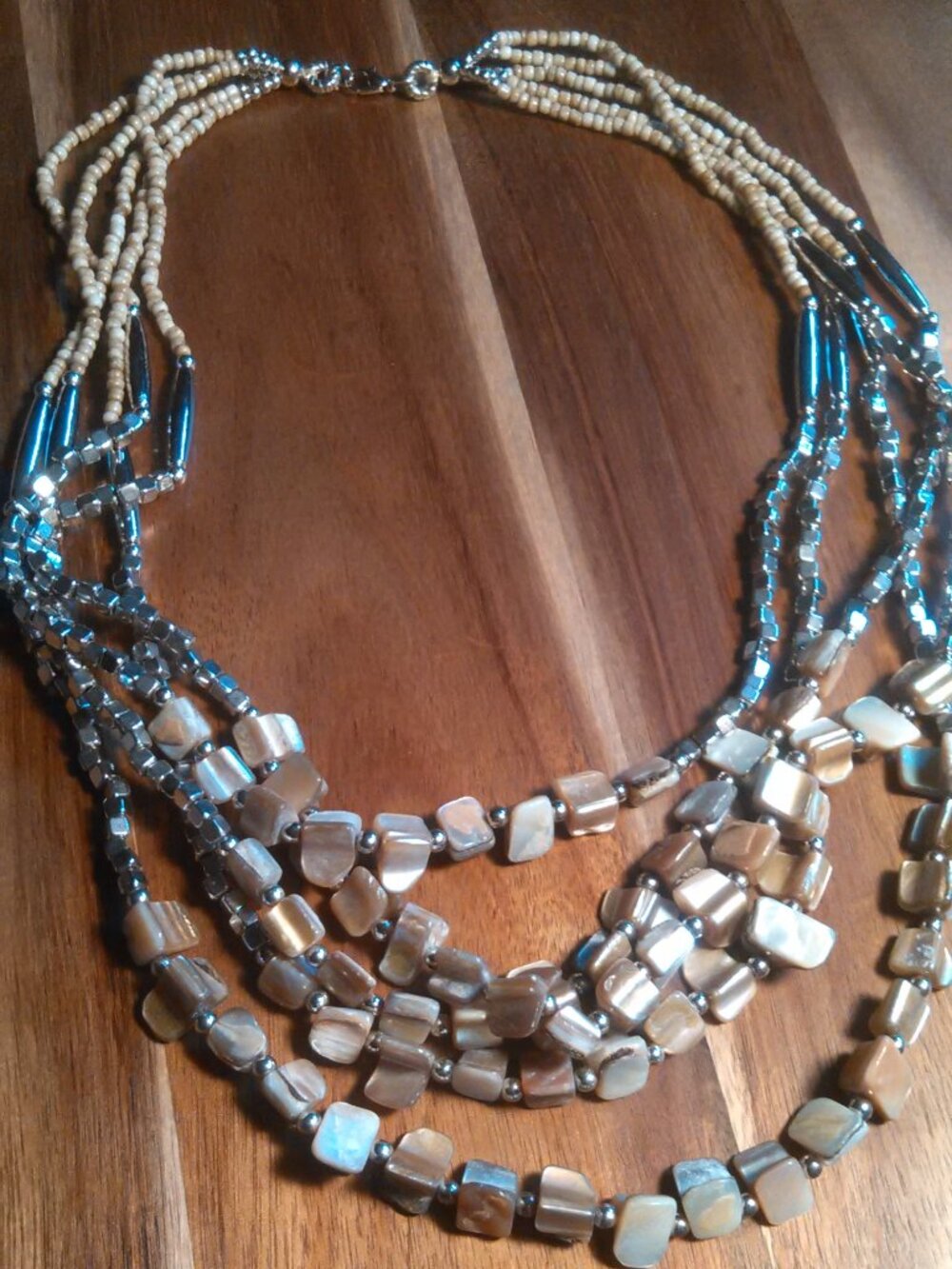 Multi-Row Beige Seed Bead and Shell Stainless Steel Necklace